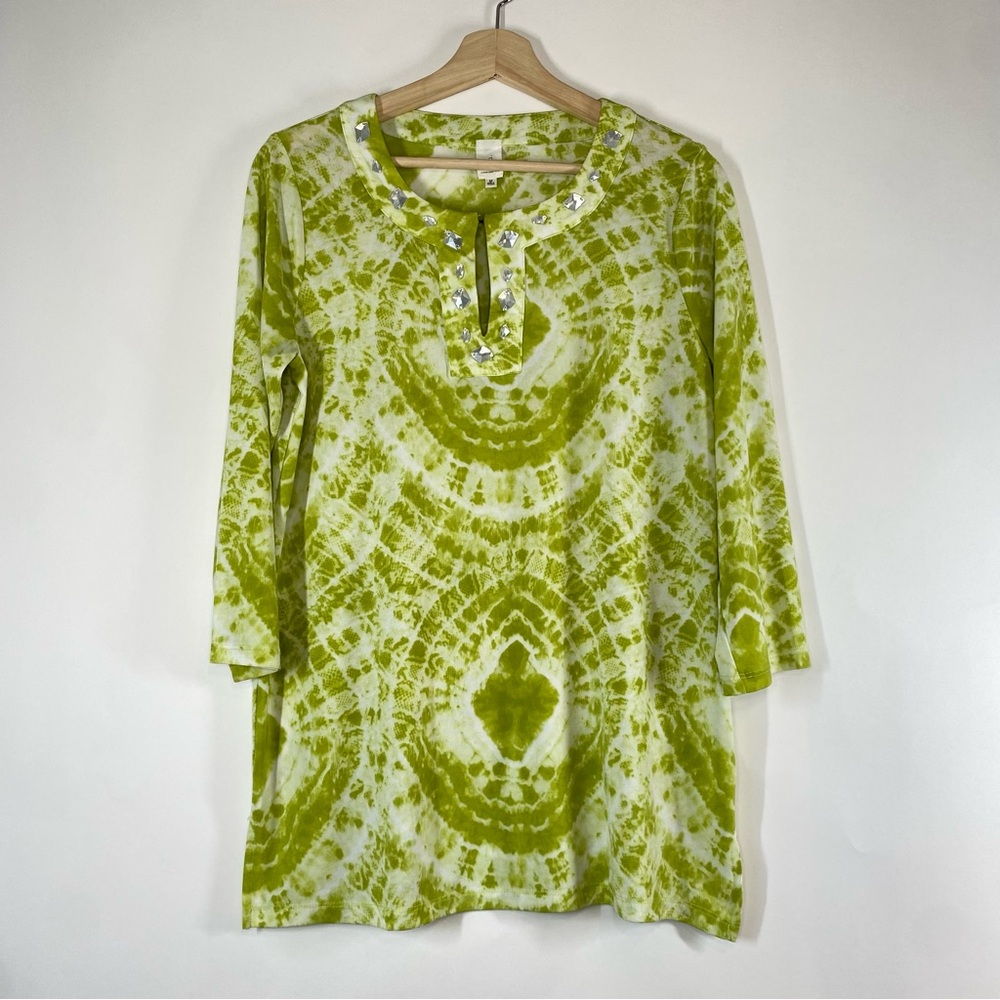 Jones New York Green Tie-Dye 3/4 Sleeve Tunic Top Size M Rhinestone Keyhole